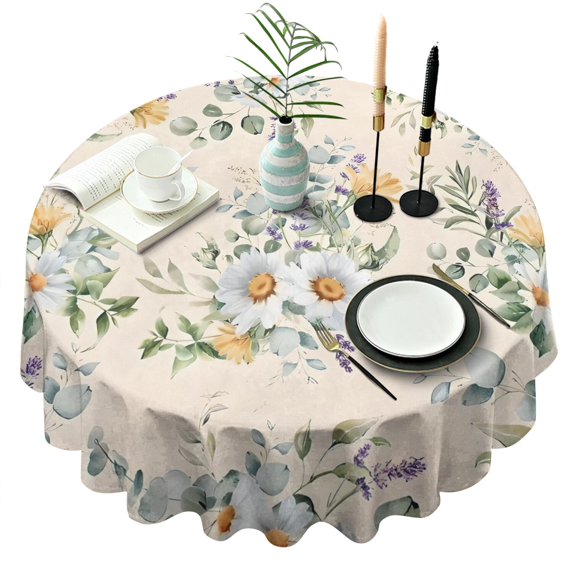 Pioneer Flower Floral Print Pattern Round Tablecloth 60"x60",Wrinkle Wipeable Table Cloth for Kitchen Dining Room Picnic Patio Party
