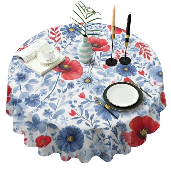 Pioneer Flower Floral Print Pattern Round Tablecloth 60"x60",Wrinkle Wipeable Table Cloth for Kitchen Dining Room Picnic Patio Party
