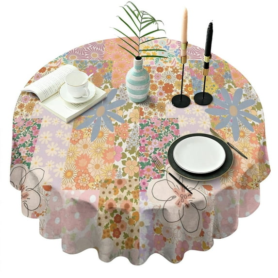 Pioneer Flower Floral Print Pattern Round Tablecloth 60"x60",Wrinkle Wipeable Table Cloth for Kitchen Dining Room Picnic Patio Party