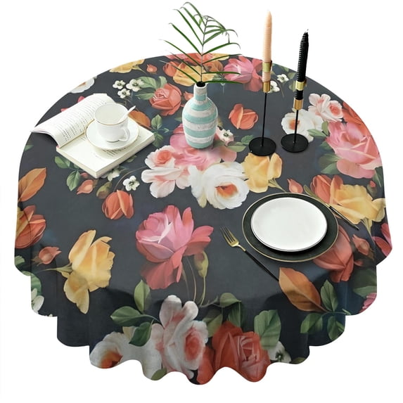 Pioneer Flower Floral Print Pattern Round Tablecloth 60"x60",Wrinkle Wipeable Table Cloth for Kitchen Dining Room Picnic Patio Party