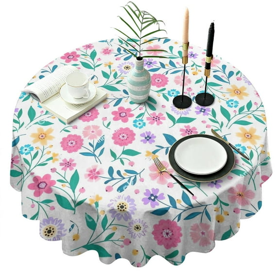 Pioneer Flower Floral Print Pattern Round Tablecloth 60"x60",Wrinkle Wipeable Table Cloth for Kitchen Dining Room Picnic Patio Party