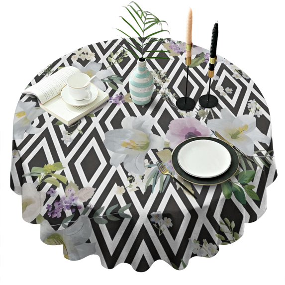 Pioneer Flower Floral Print Pattern Round Tablecloth 60"x60",Wrinkle Wipeable Table Cloth for Kitchen Dining Room Picnic Patio Party