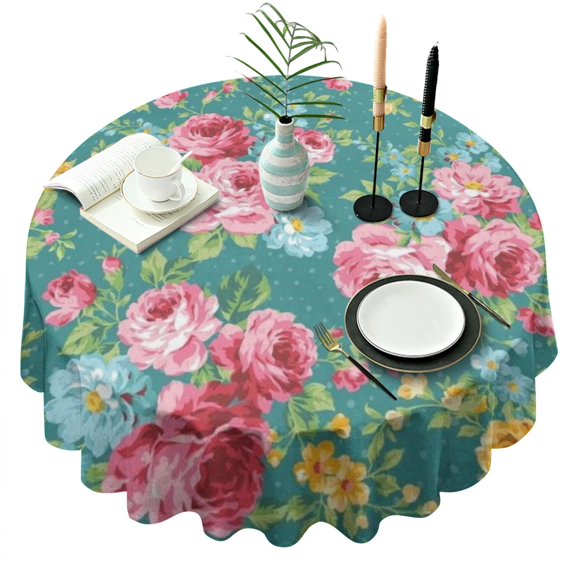 Pioneer Flower Floral Print Pattern Round Tablecloth 60"x60",Wrinkle Wipeable Table Cloth for Kitchen Dining Room Picnic Patio Party