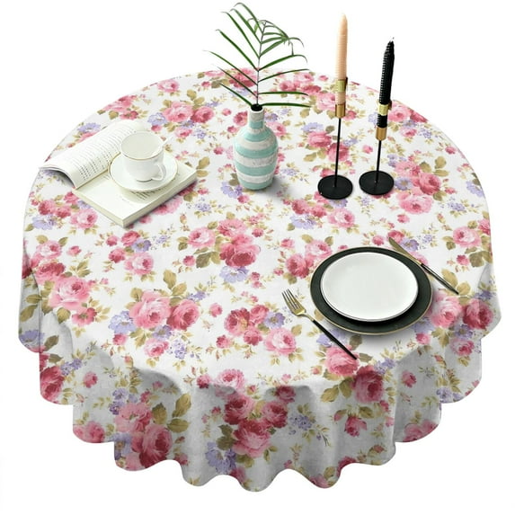 Pioneer Flower Floral Print Pattern Round Tablecloth 60"x60",Wrinkle Wipeable Table Cloth for Kitchen Dining Room Picnic Patio Party