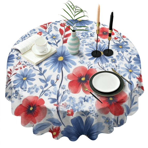Pioneer Flower Floral Print Pattern Round Tablecloth 60"x60",Wrinkle Wipeable Table Cloth for Kitchen Dining Room Picnic Patio Party