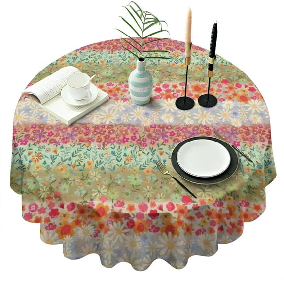 Pioneer Flower Floral Print Pattern Round Tablecloth 60"x60",Wrinkle Wipeable Table Cloth for Kitchen Dining Room Picnic Patio Party