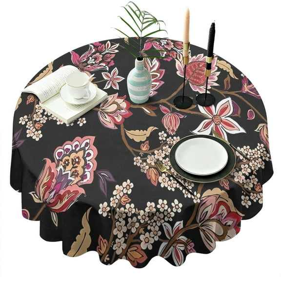 Pioneer Flower Floral Print Pattern Round Tablecloth 60"x60",Wrinkle Wipeable Table Cloth for Kitchen Dining Room Picnic Patio Party