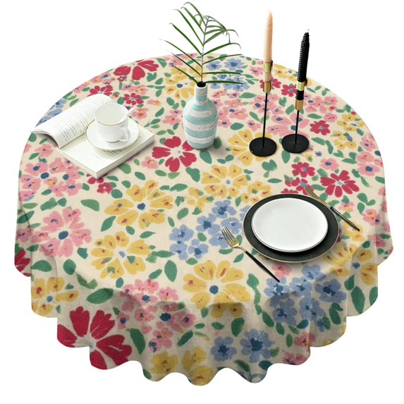 Pioneer Flower Floral Print Pattern Round Tablecloth 60"x60",Wrinkle Wipeable Table Cloth for Kitchen Dining Room Picnic Patio Party