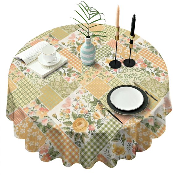 Pioneer Flower Floral Print Pattern Round Tablecloth 60"x60",Wrinkle Wipeable Table Cloth for Kitchen Dining Room Picnic Patio Party