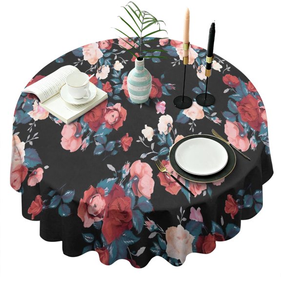 Pioneer Flower Floral Print Pattern Round Tablecloth 60"x60",Wrinkle Wipeable Table Cloth for Kitchen Dining Room Picnic Patio Party