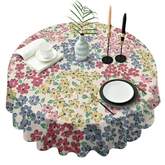Pioneer Flower Floral Print Pattern Round Tablecloth 60"x60",Wrinkle Wipeable Table Cloth for Kitchen Dining Room Picnic Patio Party
