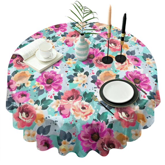 Pioneer Flower Floral Print Pattern Round Tablecloth 60"x60",Wrinkle Wipeable Table Cloth for Kitchen Dining Room Picnic Patio Party