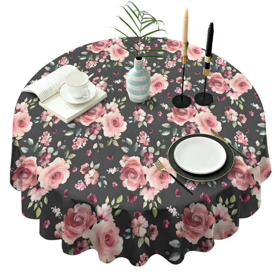 Pioneer Flower Floral Print Pattern Round Tablecloth 60"x60",Wrinkle Wipeable Table Cloth for Kitchen Dining Room Picnic Patio Party