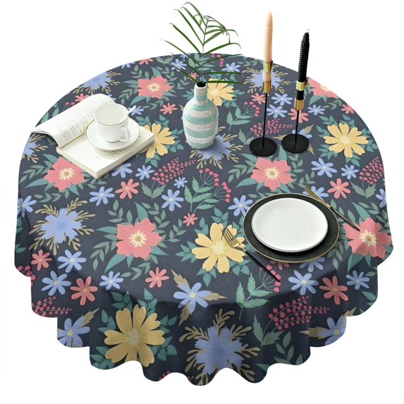 Pioneer Flower Floral Print Pattern Round Tablecloth 60"x60",Wrinkle Wipeable Table Cloth for Kitchen Dining Room Picnic Patio Party