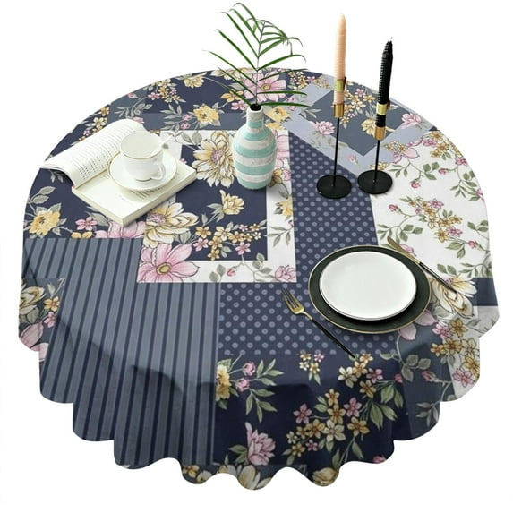 Pioneer Flower Floral Print Pattern Round Tablecloth 60"x60",Wrinkle Wipeable Table Cloth for Kitchen Dining Room Picnic Patio Party
