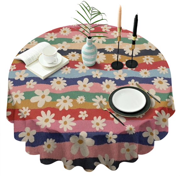 Pioneer Flower Floral Print Pattern Round Tablecloth 60"x60",Wrinkle Wipeable Table Cloth for Kitchen Dining Room Picnic Patio Party