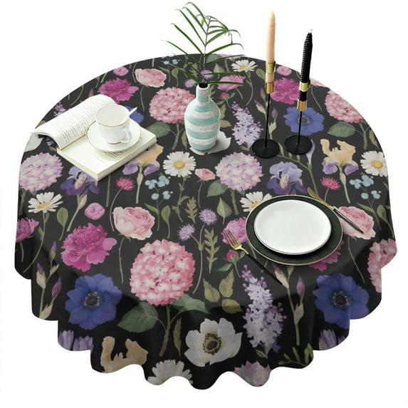 Pioneer Flower Floral Print Pattern Round Tablecloth 60"x60",Wrinkle Wipeable Table Cloth for Kitchen Dining Room Picnic Patio Party