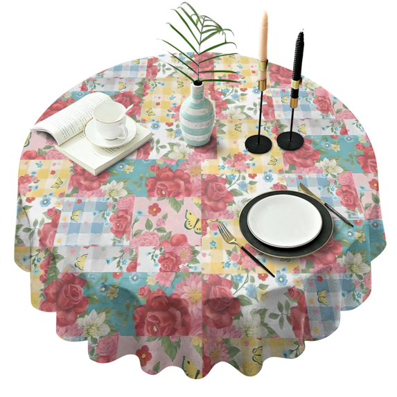 Pioneer Flower Floral Print Pattern Round Tablecloth 60"x60",Wrinkle Wipeable Table Cloth for Kitchen Dining Room Picnic Patio Party