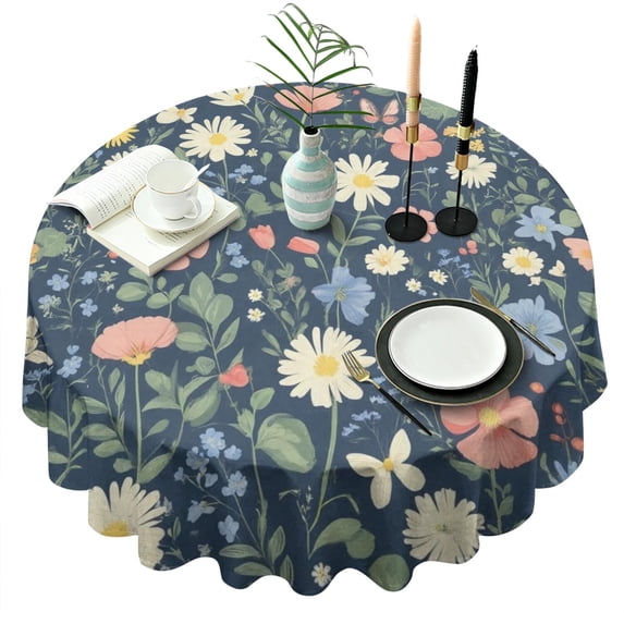 Pioneer Flower Floral Print Pattern Round Tablecloth 60"x60",Wrinkle Wipeable Table Cloth for Kitchen Dining Room Picnic Patio Party