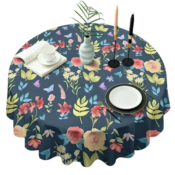 Pioneer Flower Floral Print Pattern Round Tablecloth 60"x60",Wrinkle Wipeable Table Cloth for Kitchen Dining Room Picnic Patio Party