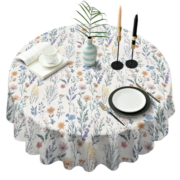 Pioneer Flower Floral Print Pattern Round Tablecloth 60"x60",Wrinkle Wipeable Table Cloth for Kitchen Dining Room Picnic Patio Party