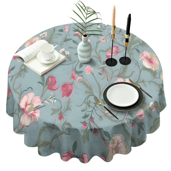 Pioneer Flower Floral Print Pattern Round Tablecloth 60"x60",Wrinkle Wipeable Table Cloth for Kitchen Dining Room Picnic Patio Party