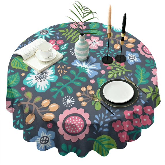 Pioneer Flower Floral Print Pattern Round Tablecloth 60"x60",Wrinkle Wipeable Table Cloth for Kitchen Dining Room Picnic Patio Party