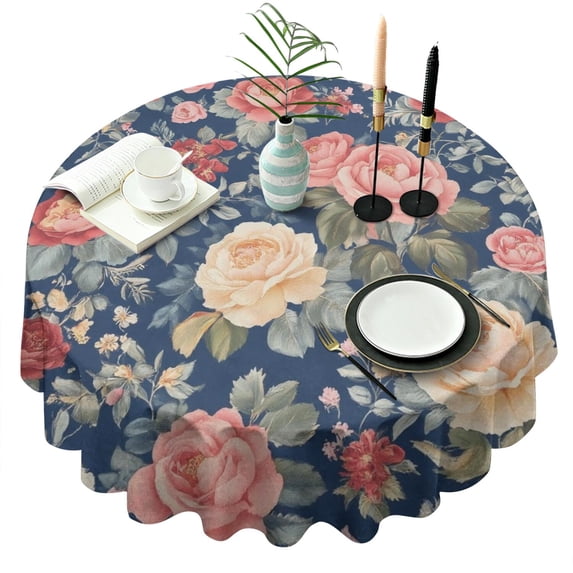Pioneer Flower Floral Print Pattern Round Tablecloth 60"x60",Wrinkle Wipeable Table Cloth for Kitchen Dining Room Picnic Patio Party