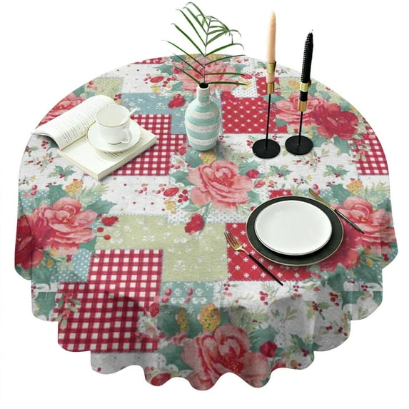 Pioneer Flower Floral Print Pattern Round Tablecloth 60"x60",Wrinkle Wipeable Table Cloth for Kitchen Dining Room Picnic Patio Party
