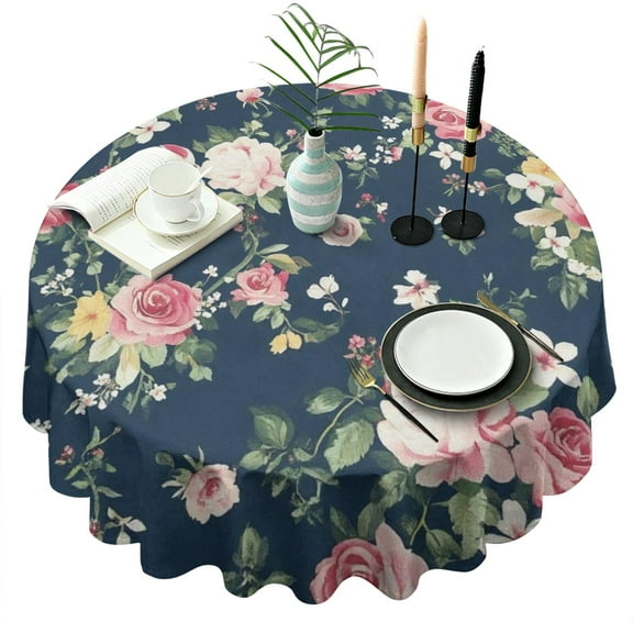Pioneer Flower Floral Print Pattern Round Tablecloth 60"x60",Wrinkle Wipeable Table Cloth for Kitchen Dining Room Picnic Patio Party