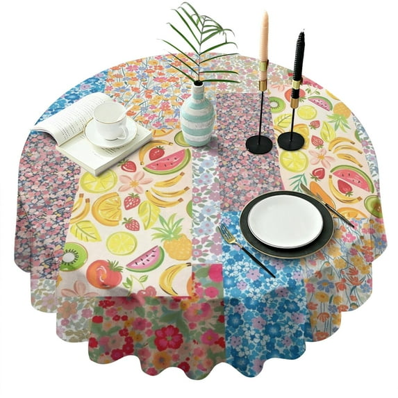 Pioneer Flower Floral Print Pattern Round Tablecloth 60"x60",Wrinkle Wipeable Table Cloth for Kitchen Dining Room Picnic Patio Party