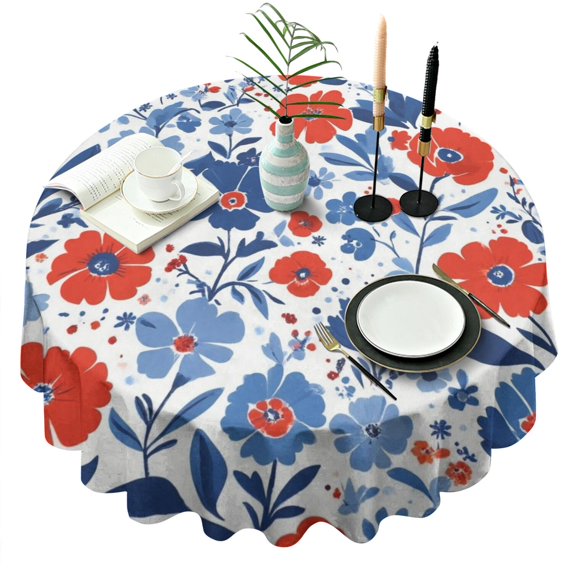 Pioneer Flower Floral Print Pattern Round Tablecloth 60"x60",Wrinkle Wipeable Table Cloth for Kitchen Dining Room Picnic Patio Party