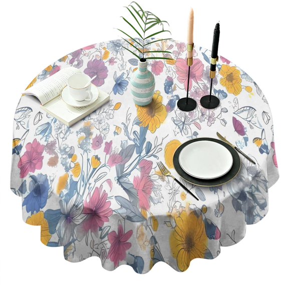 Pioneer Flower Floral Print Pattern Round Tablecloth 60"x60",Wrinkle Wipeable Table Cloth for Kitchen Dining Room Picnic Patio Party