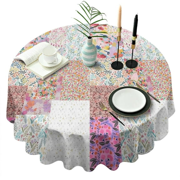 Pioneer Flower Floral Print Pattern Round Tablecloth 60"x60",Wrinkle Wipeable Table Cloth for Kitchen Dining Room Picnic Patio Party