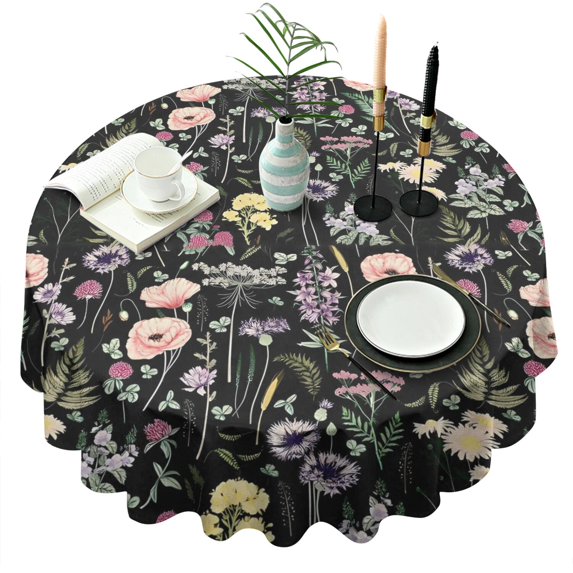 Pioneer Flower Floral Print Pattern Round Tablecloth 60"x60",Wrinkle Wipeable Table Cloth for Kitchen Dining Room Picnic Patio Party