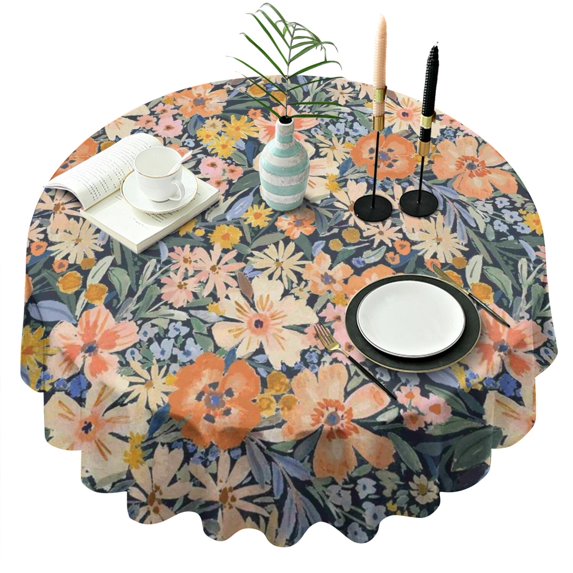 Pioneer Flower Floral Print Pattern Round Tablecloth 60"x60",Wrinkle Wipeable Table Cloth for Kitchen Dining Room Picnic Patio Party