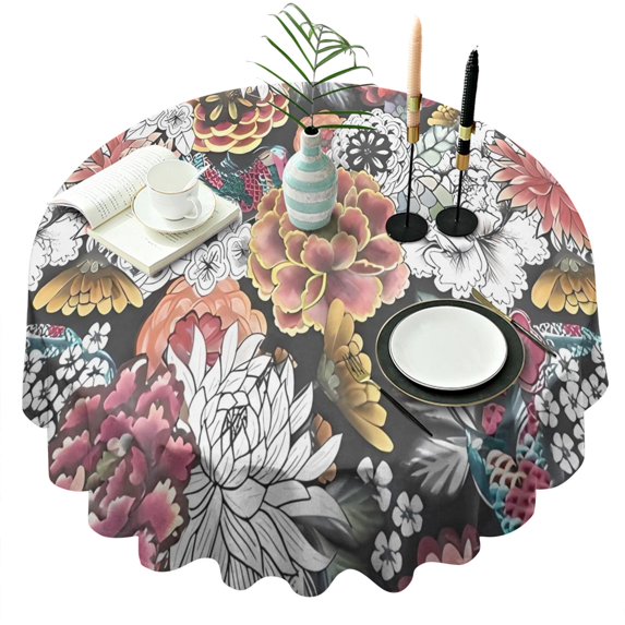 Pioneer Flower Floral Print Pattern Round Tablecloth 60"x60",Wrinkle Wipeable Table Cloth for Kitchen Dining Room Picnic Patio Party
