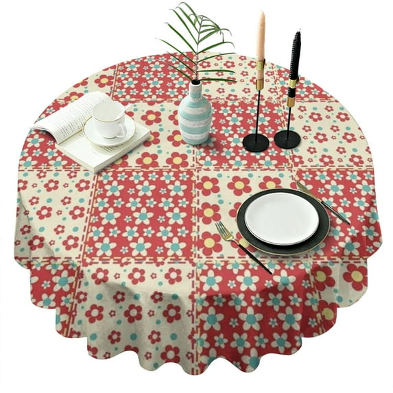 Pioneer Flower Floral Print Pattern Round Tablecloth 60"x60",Wrinkle Wipeable Table Cloth for Kitchen Dining Room Picnic Patio Party