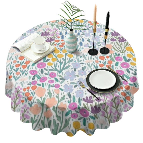 Pioneer Flower Floral Print Pattern Round Tablecloth 60"x60",Wrinkle Wipeable Table Cloth for Kitchen Dining Room Picnic Patio Party