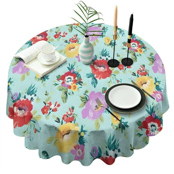 Pioneer Flower Floral Print Pattern Round Tablecloth 60"x60",Wrinkle Wipeable Table Cloth for Kitchen Dining Room Picnic Patio Party