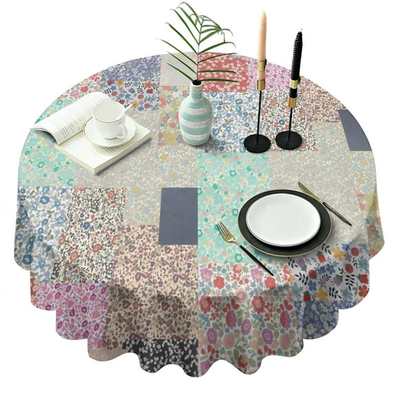 Pioneer Flower Floral Print Pattern Round Tablecloth 60"x60",Wrinkle Wipeable Table Cloth for Kitchen Dining Room Picnic Patio Party