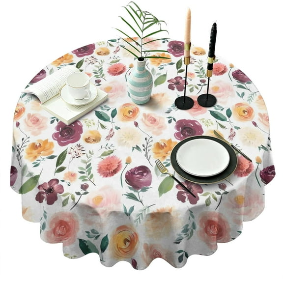 Pioneer Flower Floral Print Pattern Round Tablecloth 60"x60",Wrinkle Wipeable Table Cloth for Kitchen Dining Room Picnic Patio Party