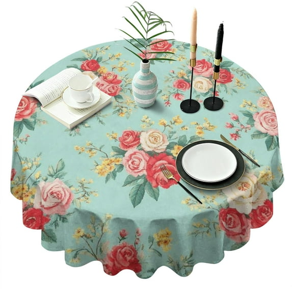 Pioneer Flower Floral Print Pattern Round Tablecloth 60"x60",Wrinkle Wipeable Table Cloth for Kitchen Dining Room Picnic Patio Party
