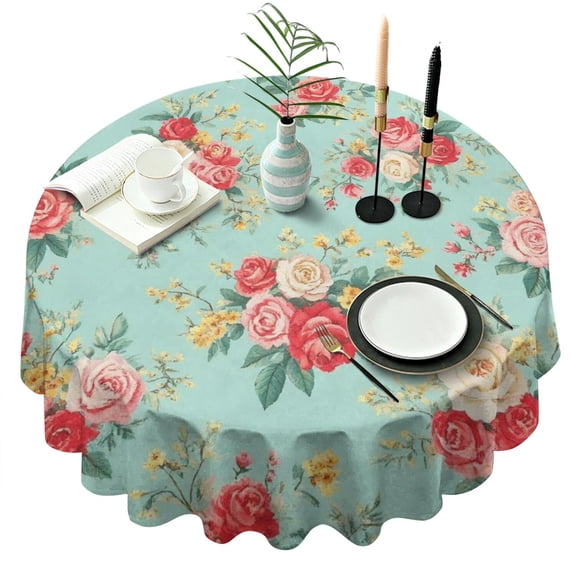 Pioneer Flower Floral Print Pattern Round Tablecloth 60"x60",Wrinkle Wipeable Table Cloth for Kitchen Dining Room Picnic Patio Party