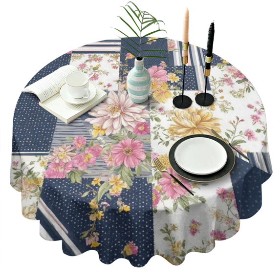 Pioneer Flower Floral Print Pattern Round Tablecloth 60"x60",Wrinkle Wipeable Table Cloth for Kitchen Dining Room Picnic Patio Party