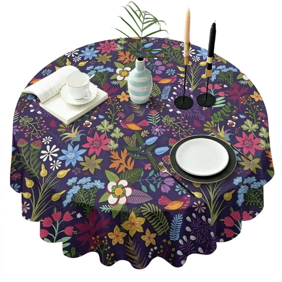 Pioneer Flower Floral Print Pattern Round Tablecloth 60"x60",Wrinkle Wipeable Table Cloth for Kitchen Dining Room Picnic Patio Party