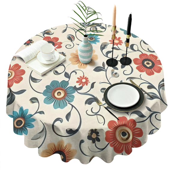 Pioneer Flower Floral Print Pattern Round Tablecloth 60"x60",Wrinkle Wipeable Table Cloth for Kitchen Dining Room Picnic Patio Party