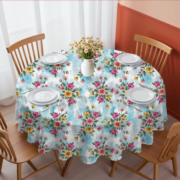 Pioneer Flower Floral Print Pattern Round Tablecloth 70"x70", Wrinkle Resistant Wipeable Table Cover for Kitchen Dining Room Picnic Patio and Party