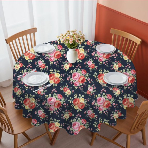 Pioneer Flower Floral Print Pattern Round Tablecloth 70"x70", Wrinkle Resistant Wipeable Table Cover for Kitchen Dining Room Picnic Patio and Party