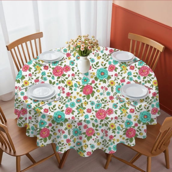 Pioneer Flower Floral Print Pattern Round Tablecloth 70"x70", Wrinkle Resistant Wipeable Table Cover for Kitchen Dining Room Picnic Patio and Party